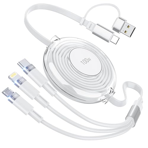 【100W】3in1 充電ケーブル 巻き取り式 [1.2M PD対応/高耐久] 100W/5A 超急速充電 ライトニング/Type C/マイクロUSBコード 3台同時充電 iPhone 16 15 14 13 12、Galaxy S25 S24 S23、iPad Pro/Air/Mini、MacBook Pro/Air等多機種対応 - ホワイト