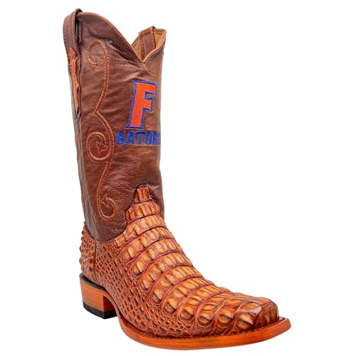 Vaccari Men's David Hand-Corded Top University of Florida Gators Embroidery Genuine Cognac Hornback Alligator Narrow Square Toe Cowboy Boots - 11 D