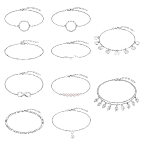 Image of 12pcs Gold /Silver Ankle Bracelets for Women Layered Waterproof 14k Cuban Link Chain Anklets Set Adjustable Dainty Summer Beach Gold Accessories Boho Bracelet Jewelry