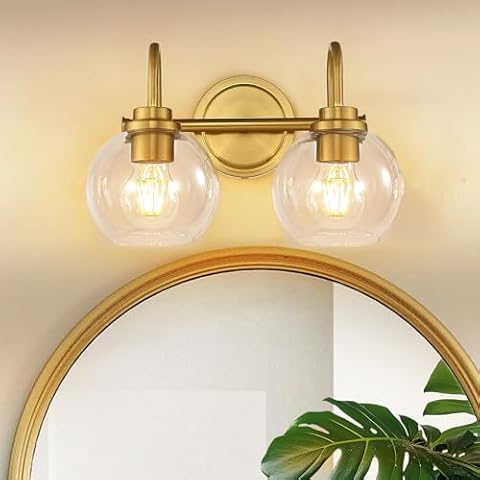 OUVR Gold Bathroom Light Fixtures 2 Light Vanity Lights Over Mirror with Clear Glass Lamps Shades Bathroom Wall Lamp for Mirror Kitchen Bedroom Hallway Living Room Cover