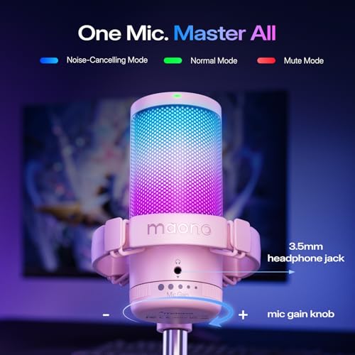 Image of MAONO USB Gaming Microphone for PC, Noise Cancellation Condenser Mic with RGB, Mute, Gain, Computer Desk Mic for Streaming, Podcast, Chat, Twitch, YouTube, Discord, PS5, PS4, GamerWave DGM20 Pink