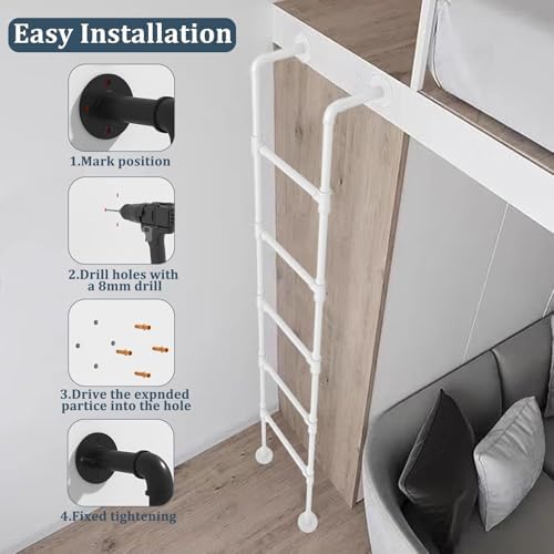 Wall Mounted Metal Loft Bed Ladder - 170cm (67in) Egress Safety Ladder for Indoor/Outdoor Use, Ideal Replacement for Climbing and Accessing Loft Beds, White Finish