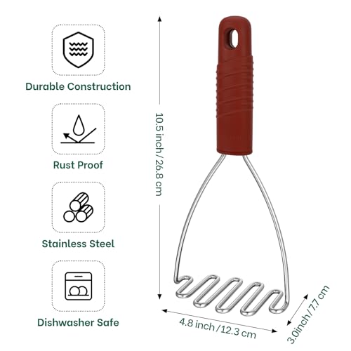 Image of Beneno Ergonomic Easy Grip Stainless Steel Potato Masher, 10.5-Inch, Red | Premium Reinforced Stainless Steel Head, Textured Soft Non-Slip Grip, Efficient Potato Smasher Kitchen Tools, Dishwasher Safe