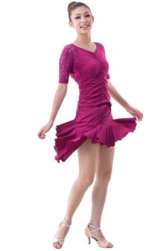 Colorfulworldstore Ladies Latin Salsa cha cha Tango Ballroom Dance Dress-mesh Sleeves+Slim Irregular Unilateral (Lady S/155cn High-48KG, Purple)