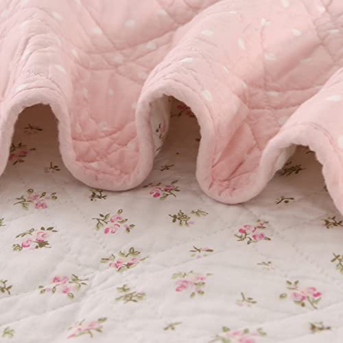 Image of KINBEDY 100% Cotton Quilts Twin Size Pink Floral Patchwork Bed Quilt Reversible Quilted Blankets Coverlets Bed Throws for Couch Sofa, 60 inchx80 inch