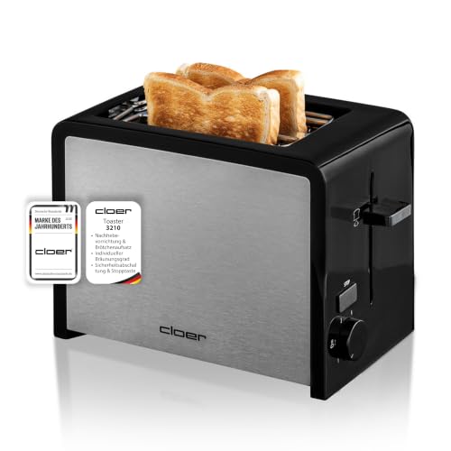 Cloer 3210 Toaster, 825 W, für 2 Toastscheiben, integrierter Brötchenaufsatz, Nachhebevorrichtung, Krümelschublade, wärmeisoliert, Edelstahl, Schwarz