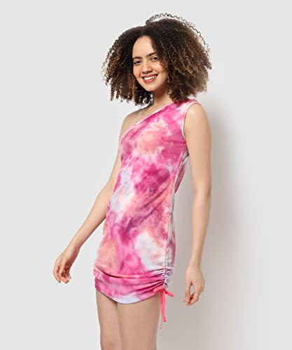 Image of Campus Sutra Women's Pink Tie-Dye Slim Fit Mini Dress for Winter Wear | One Shoulder Sleeve | Slanted Neck | Casual Western Stylish Dress for Women & Girls
