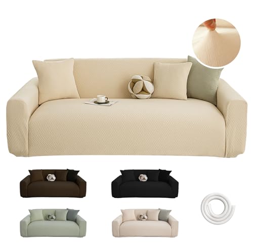 Oblu life Stretch Couch Covers, Couch Covers for 3 Cushion Couch Sofa pet Friendly, Washable, Furniture Protector Sofa with Elastic Bottom for Cats, Dogs (Puff Grid - Apricot, 3 Seats)