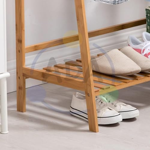 Image of ADA Premium Natural Bamboo Cloth Stand With Rack, Top Shelf & Shoe Stand With 2 Hook Clothing Storage Organizer Shelves For Hallway, Living Room, Guest Room (80 x 40 x 140cm)
