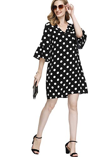 BUENOS NINOS Women s Floral Dress V Neck Half Length Bell Sleeve Causal Loose Shift Mini Tunic Dress with Pockets Black Polka Dot XL