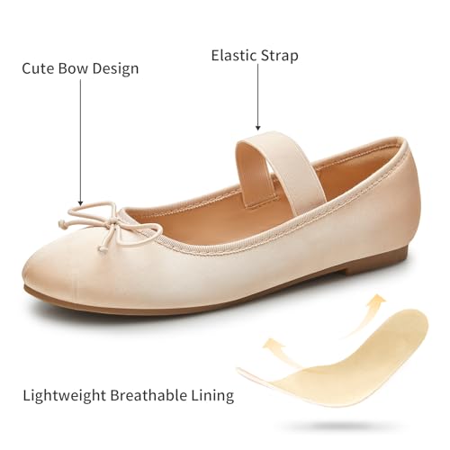 Image of Trary Flats for Women Closed Round Toe Ballet Flats Mary Jane Shoes Women with Elastic Strap Cute Bowknot Comfortable Dress Shoes for All-Year Daily Work Casual Wear