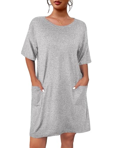 Image of Ekouaer Sleep Shirts for Women Nightgown Short Sleeves T shirt Night Dress Round Neck Womans Nightgown with Pocket S-XXL