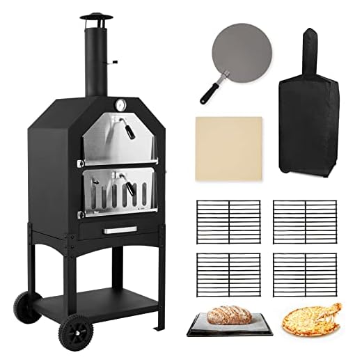 Outdoor Pizza Oven Wood Fired Pizza Oven Patio Portable Pizza Maker Cooking Grill with Wheels Waterproof Cover for Backyard Camping