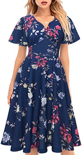 Modest Tea Party Dress Fit and Flare Church Dresses for Women, Floral Tea Length Prom Dress for Junior, Semi Formal Wedding Guest Dress, Aline Cocktail Party Homecoming Dress Navy Flower L