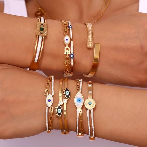 Massari 18K Real Gold Plated Green Evil Eye Bangle, Waterproof, Hypoallergenic Zircon Diamond Bracelet, Spring Buckle, 60mm, Includes Gift Pouch3