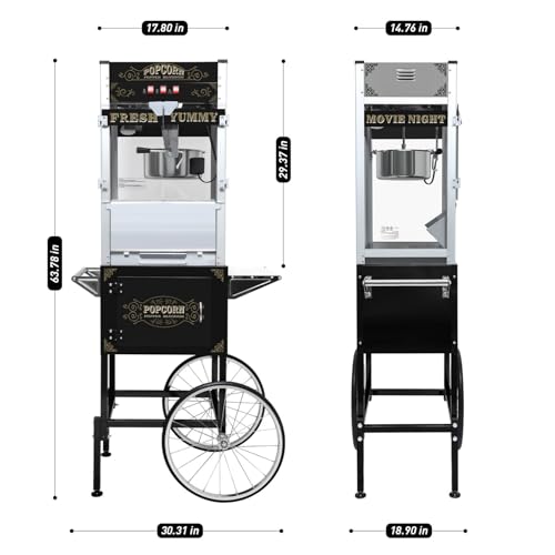 Image of 20 Oz Popcorn Machine with Cart: This popcorn machine on wheels combines an antique-style design with modern features. The cart includes bicycle-style wheels and a cabinet -Black