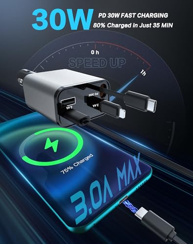 Mifanstech Retractable Car Charger, 4 in 1 Fast Car Phone Charger, Car Charger Adapter with 2 Retractable Cords 2.6ft & 2 USB Ports, Compatible with iPhone 15/14/13/12/11 Series, Galaxy, Pixel