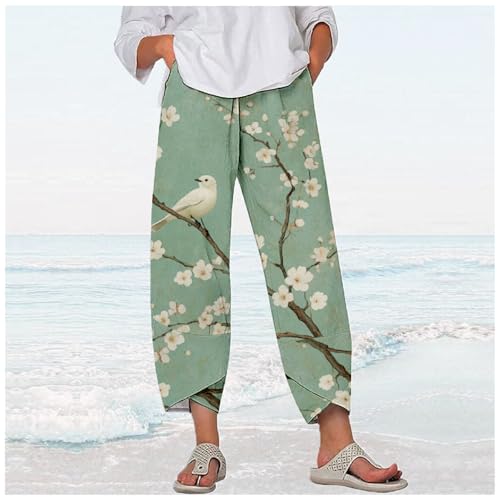 Womens Cotton Linen Pants Capri Wide Leg Pants with Pockets Flowy Floral Boho Chinese Art Trousers Summer2