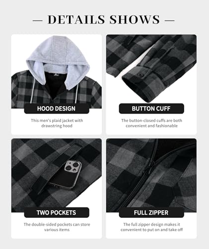 ZITY Flannel Jacket for Men Sherpa Fleece Lined Full-Zip Plaid Hoodie - image 3