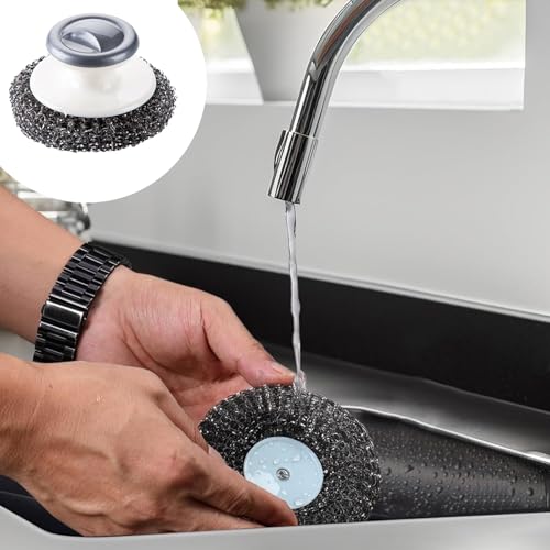 Image of Steel Wool Scrubber with Handle Stainless Steel Scrubber for Dishes Metal Scrubbers for Cleaning Dishes Steel Wool Pads with 2 Pack Long Gloves for Kitchen Pots, Sink