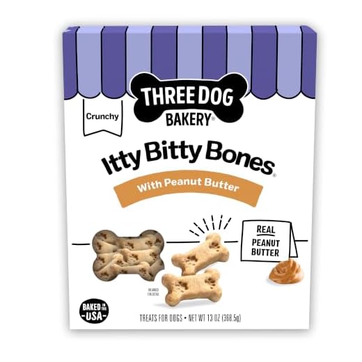 Three Dog Bakery Crunchy Itty Bitty Bones, Peanut Butter Flavor, Premium Treats for Dogs, 13 Ounce Box