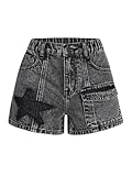 WDIRARA Girl's Wrap Waist Button Jean Shorts Star Patched Denim Shorts with Pockets Black Star 12Y