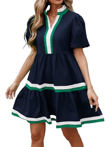 LifeShe Womens Puff Sleeve Babydoll Dress V Neck Navy Blue Striped Color Block Tiered Mini Dresses2