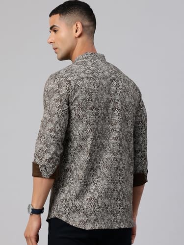 Image of Majestic Man Men's Pure Cotton Printed Mandarin Collar Regular Fit Roll-Up Sleeves Short Kurta