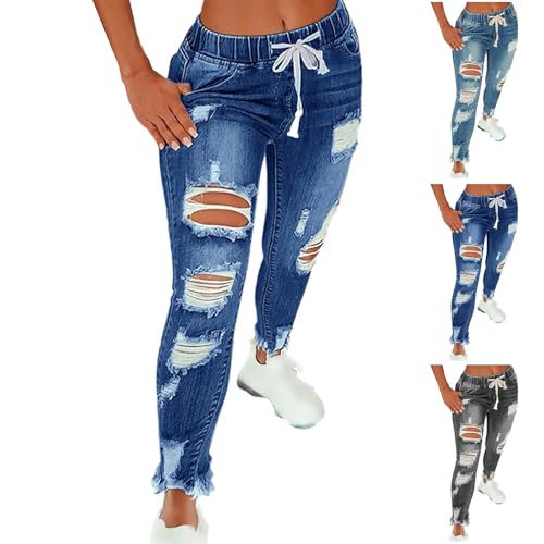 Ripped Jeans Womens Stretch Frayed Raw Hem Pull On Elastic Waist Jeans Trendy Casual Skinny Distressed Ankle Jeggings