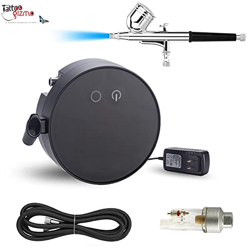 Image of Tattoo Gizmo Aerograph Portable,Light Weight,High Performance Airbrush Compressor Kit,Dual Action Gun for Art, Craft, Makeup,Cake Decoration, Temporary Tattoos (AG-300K-Auto (Black))