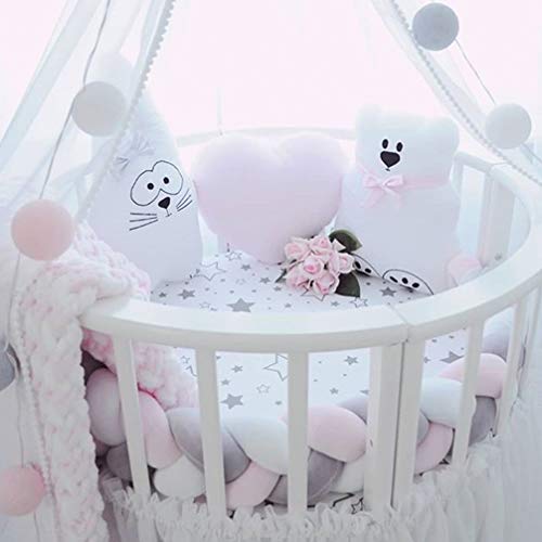 LOAOL Baby Bed Bumper Knotted Braided Plush Nursery Cradle Decor Newborn Gift Pillow Cushion Junior Bed Sleep Bumper (White-Gray-Pink, 6.5 Feet)