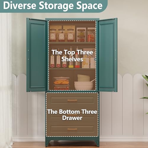 Image of Polup 75 inch Tall Metal Storage Cabinet with Doors and Shelves, Heavy Duty Green Kitchen Pantry Cabinet with 3 Drawers, Freestanding Food Cupboard Storage Organizers for Laundry, Garage, Dining Room