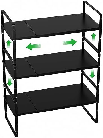 Cabinet Organizer Shelves,Expandable Spice Racks,Stackable Storage Shelves for Kitchen,Pantry,Counter,Bathroom,Home,Office,3 Packs,8.07" D,Black