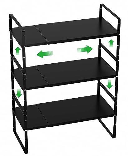 Cabinet Organizer Shelves,Expandable Spice Racks,Stackable Storage Shelves for Kitchen,Pantry,Counter,Bathroom,Home,Office,3 Packs,8.07" D,Black