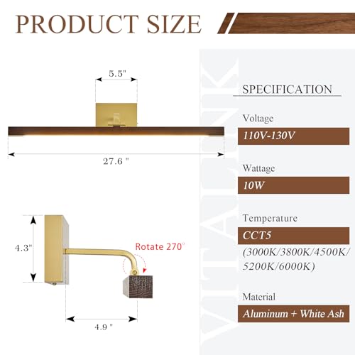Image of Wood Picture Lights for Wall, Gold Hardwired 27.5 inch Long LED Wall Picture Vintage Artwork Paintings Display Lighting Wall Lamp Bathroom Vanity Light Dimmable 5CCT