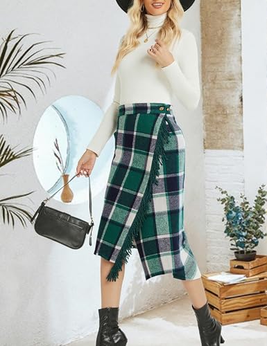 Women Plaid Fringed Midi Skirt Warm High Waist Flannel Tartan Bodycon Skirt for Fall Winter2