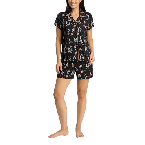 PJ ESSENTIALS Womens 2 Piece Holiday Pajamas - Soft Short Sleeve Button Down Sleepwear Top and PJ Shorts Loungewear Set (US Alpha Small Regular Regular Black Dancing Skeletons)