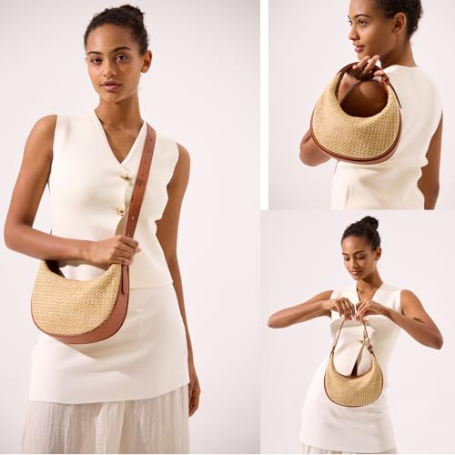 Image of Straw Purse Summer Straw Crossbody Bags Raffia Rattan Beach Bag Shoulder Underarm Bag with Adjustable Straps(Khaki)
