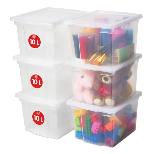 Iris Ohyama, Boite de Rangement avec Couvercle, 10L, Lot de 6, en Plastique Transparent, Fermeture Facile, Empilables, pour Dressing, Étagères, Garage,...