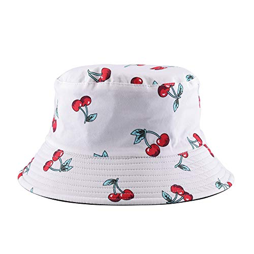 Faleto Reversible Bucket Hat For Women Girls Teens Unisex Packable Summer Travel Bucket Beach Sun Hat Foldable Fishing Cap Cute Cherry White Black #TOP1