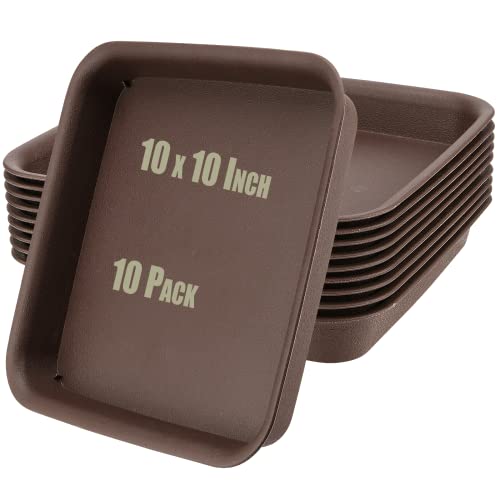 HOIGON 10 Stück 25,4 cm quadratische Kunststoff-Pflanzen-Untersetzer, quadratische Abtropfschale, Kunststoff-Blumentopf-Tablett, robuste Pflanzen-Untersetzer für Außen- und Innenbereich, Dunkelbraun Cover