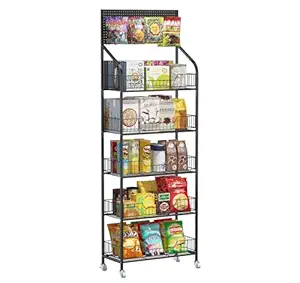Nisorpa 5 Tier Supermarket Retail Display Rack, Free-Standing Metal Snack Candy Display Rack Cart with Wheels Potato Chips Organizer for Convenience Stores Home Kitchen, 23.6 x 66.9 x 10.6 Inches