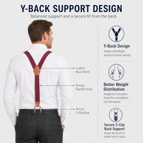 Image of Men's Heavy Duty Y-Back Suspenders, 6 Strong Metal Clips Adjustable Elastic Straps for Work, Tuxedos, and Daily Wear