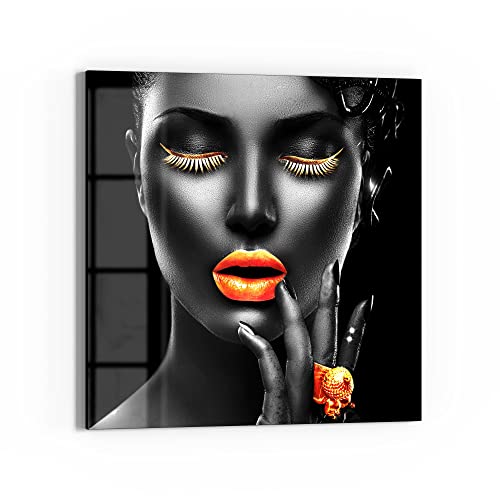 DEQORI Quadro in vetro vero vetro, motivo donna con trucco dorato, quadrato, 50 x 50 cm, bella decorazione da parete per soggiorno, camera da letto, corridoio e cucina, decorazione moderna da parete