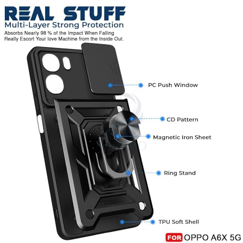 Image of AIBEX Back Cover Compatible for Oppo A6S 5G / Oppo K14X 5G / Oppo A6X 5G | D10 Tough Armor Case | Sliding Camera Shield | 360 Protection | Kickstand Ring Holder | Military-Grade Bumper Case - Black
