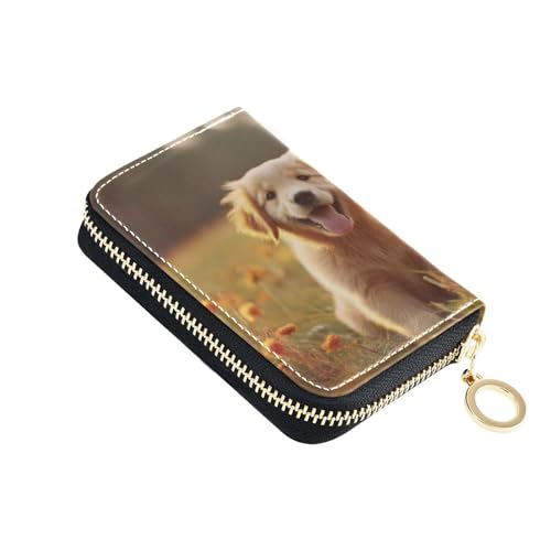 WELLDAY Dogs on Grass Credit Card Holder Leather Zipper Minimalist Card Holder Wallet - RFID Blocking Small Card Case with Coin Pouch