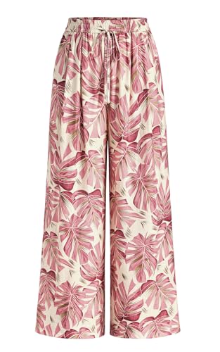Image of PRETTYGARDEN Womens Pants Elastic Waist Floral Lightweight Palazzo Pants for Women Casual Lounge Wide Leg Pants Woman