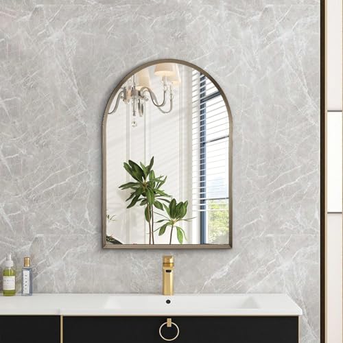Image of Arched Mirrors for Wall, Brushed Metal Frame Mirror, Arch Bathroom Vanity Mirror for Living Room Bedroom Mantel Entryway Hallways Home Decor Aluminum Alloy Frame 20 inchx16 inch
