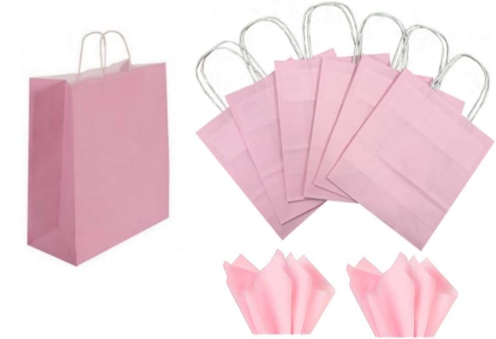 Pastel Pink Paper Gift Bags BB Twisted Handles/Party Loot Favour Bag & Tissue (50 Gift Bags)