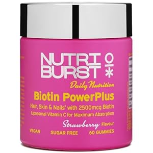 Nutriburst Biotin Power Plus – Biotin (2500mcg) + Liposomal Vitamin C for Healthy Hair & Glowing Skin – Strawberry Flavour – 60 Gummies 1 Month Supply – Suitable for Vegans